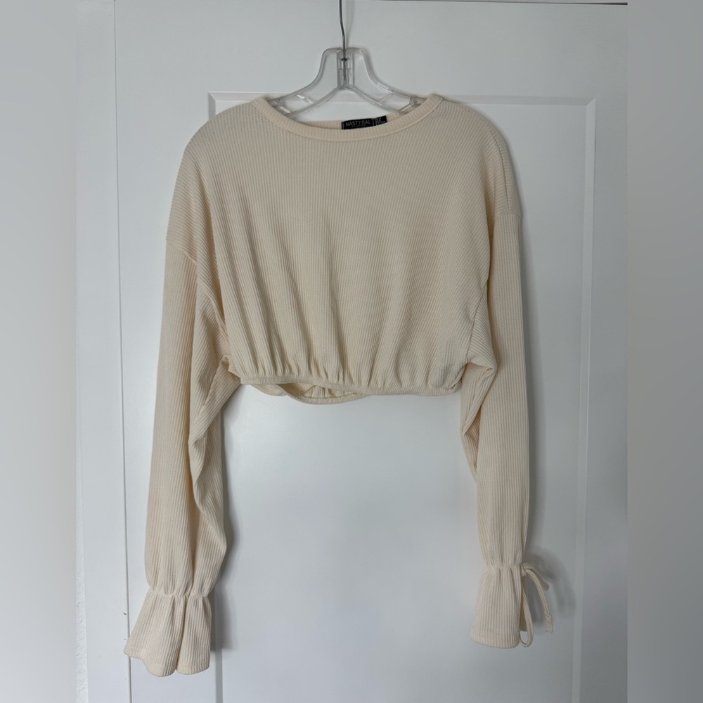 Nasty Gal Ivory Ribbed Long Sleeve Crop Top